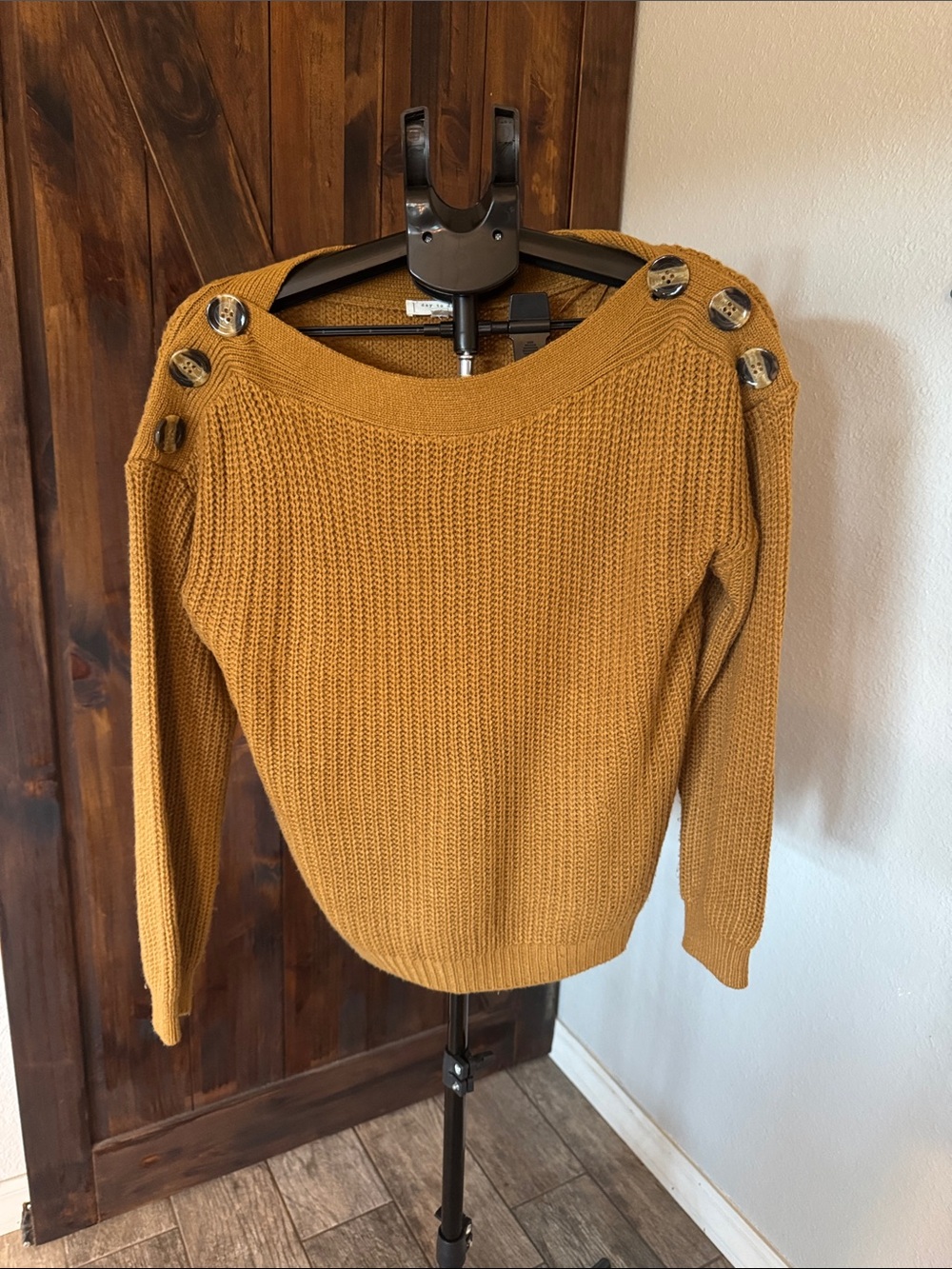 Off-the-Shoulder Button-Accent Women's Sweater in Mustard